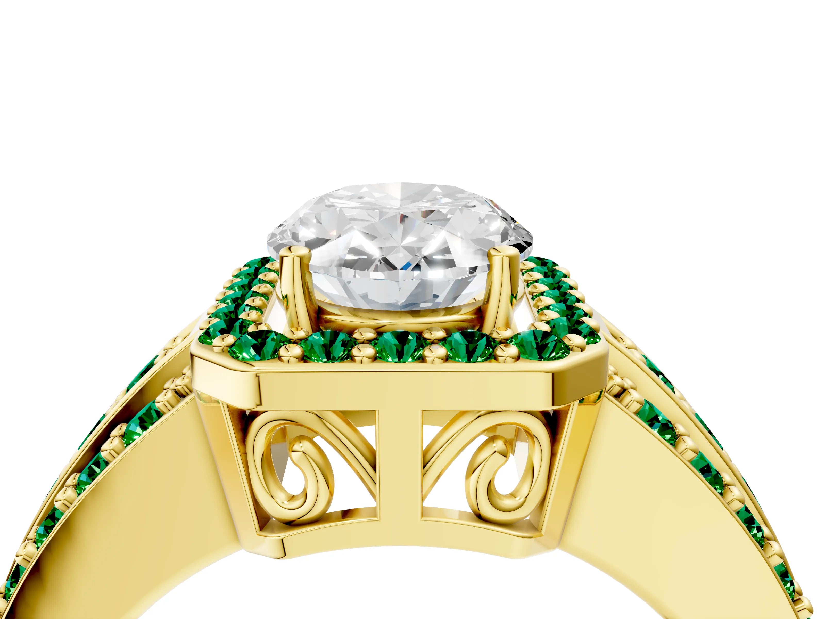 Yellow gold Oval Cut Halo Diamond Ring with Round with Emerald side stone Split Shank and Prong Setting_4