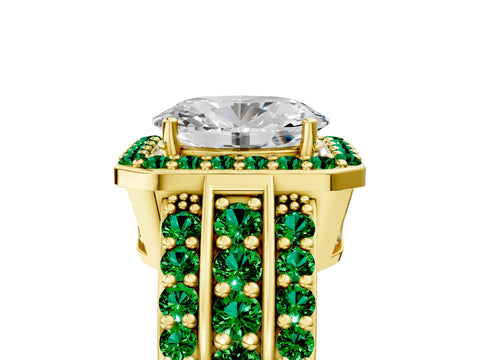 Yellow gold Oval Cut Halo Diamond Ring with Round with Emerald side stone Split Shank and Prong Setting_5