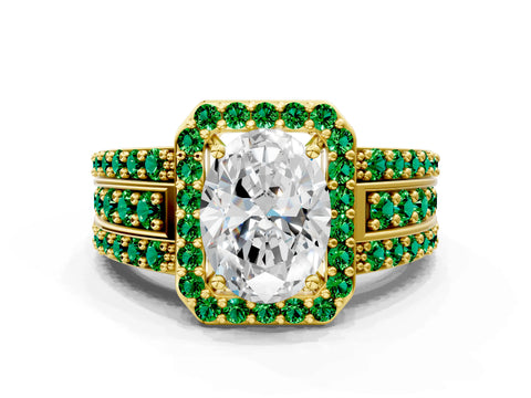 Yellow gold Oval Cut Halo Diamond Ring with Round with Emerald side stone Split Shank and Prong Setting