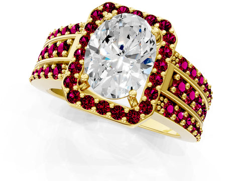Yellow gold Oval Cut Halo Diamond Ring with Round with Garnet side stone Split Shank and Prong Setting_1