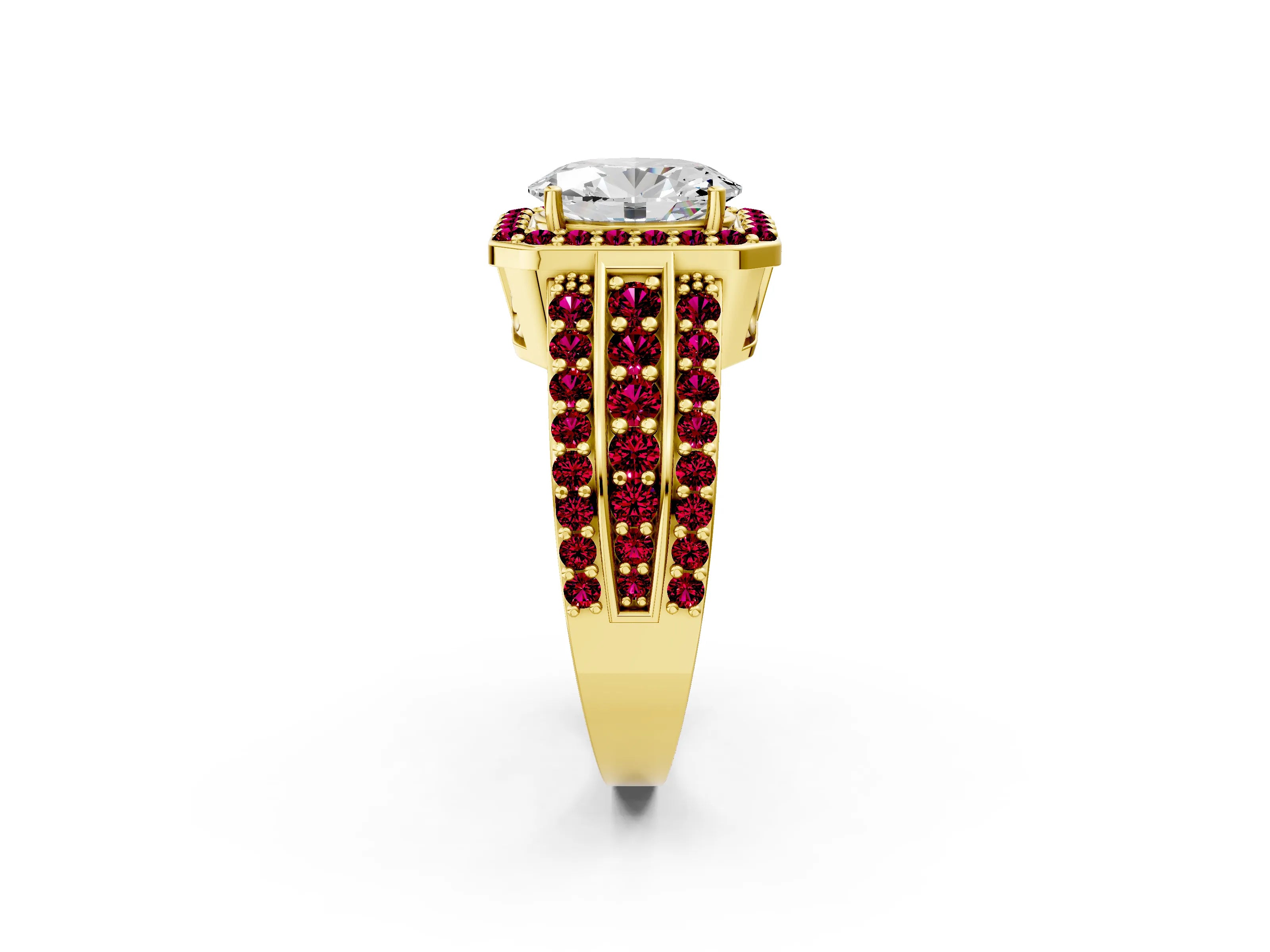 Yellow gold Oval Cut Halo Diamond Ring with Round with Garnet side stone Split Shank and Prong Setting_2