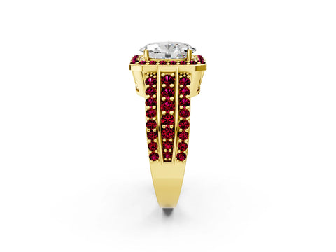 Yellow gold Oval Cut Halo Diamond Ring with Round with Garnet side stone Split Shank and Prong Setting_2
