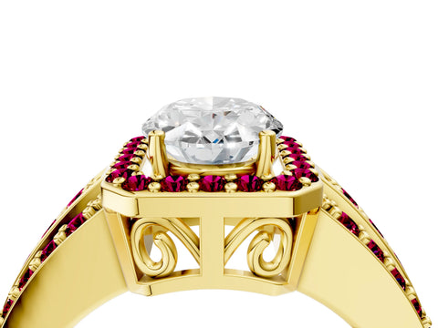 Yellow gold Oval Cut Halo Diamond Ring with Round with Garnet side stone Split Shank and Prong Setting_4