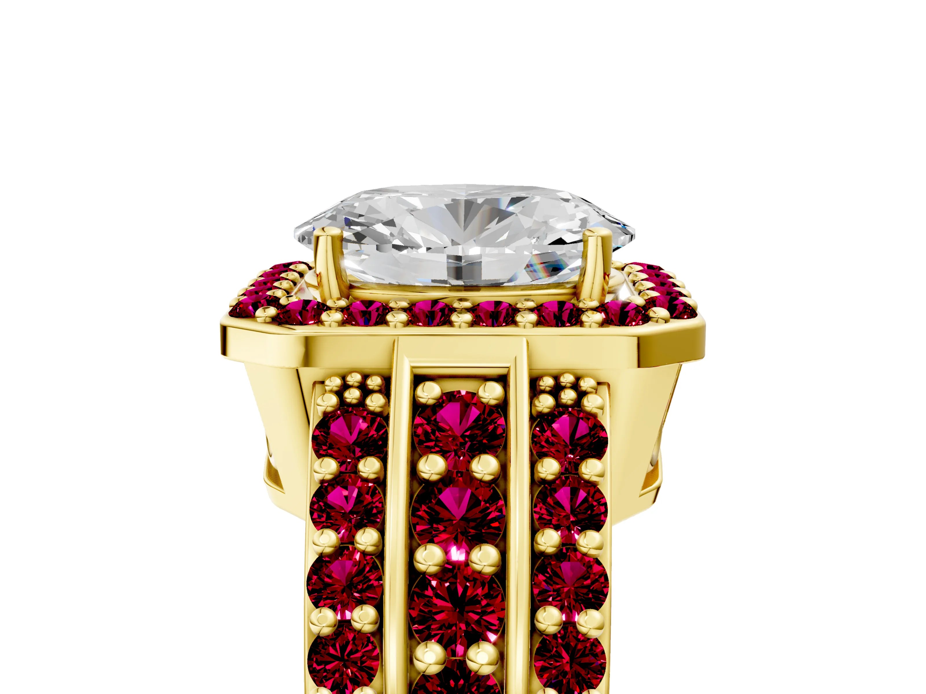 Yellow gold Oval Cut Halo Diamond Ring with Round with Garnet side stone Split Shank and Prong Setting_5