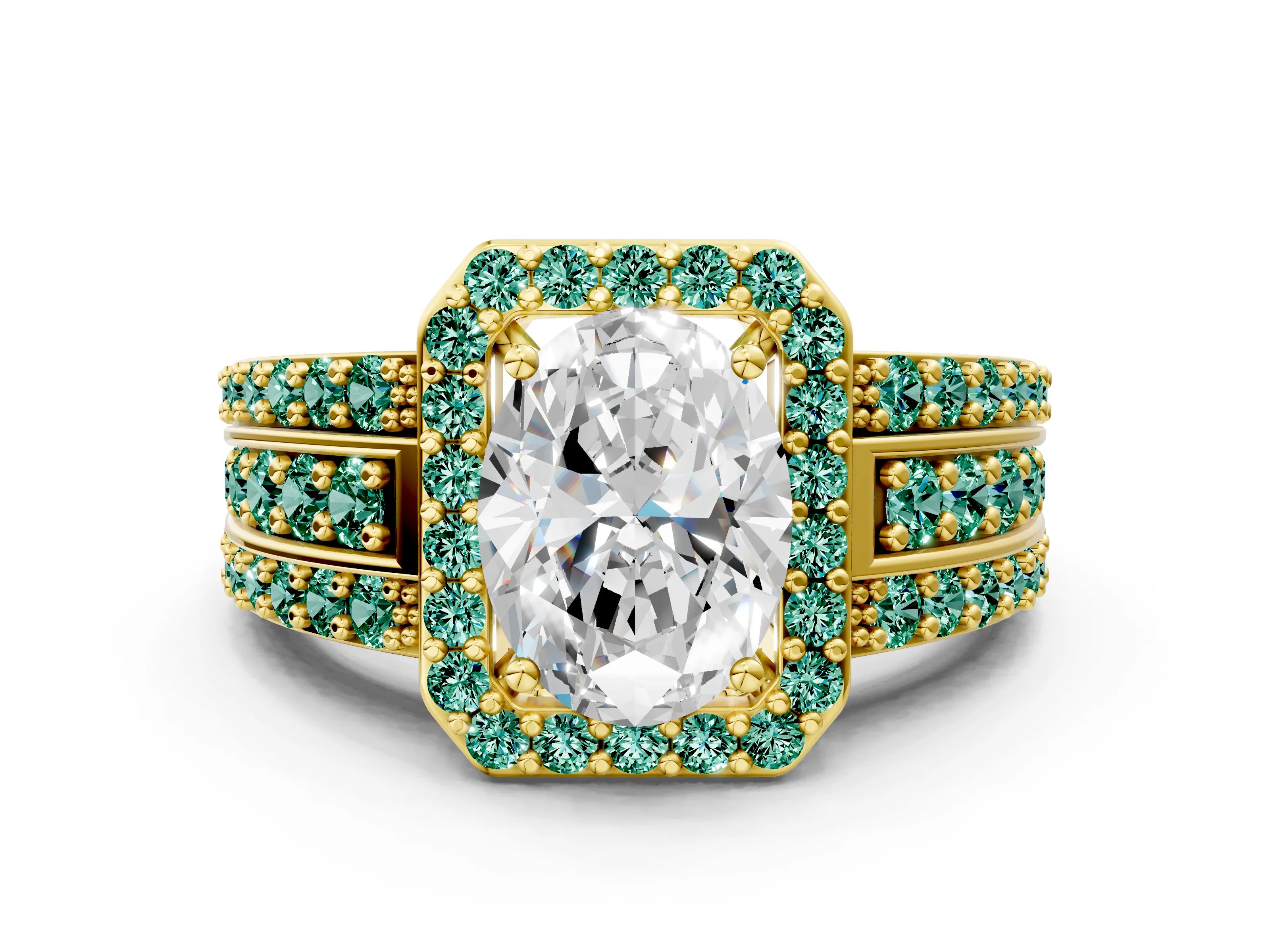 Yellow gold Oval Cut Halo Diamond Ring with Round with Green Sapphire side stone Split Shank and Prong Setting