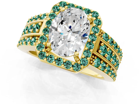 Yellow gold Oval Cut Halo Diamond Ring with Round with Green Sapphire side stone Split Shank and Prong Setting_1