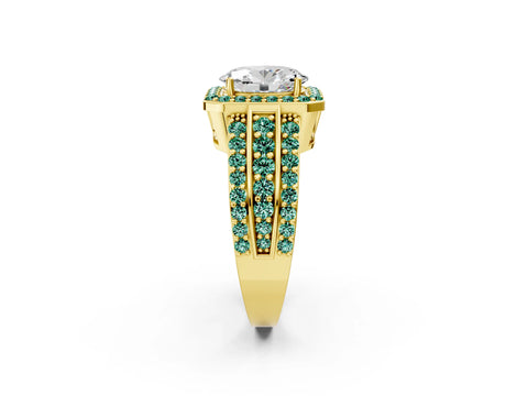 Yellow gold Oval Cut Halo Diamond Ring with Round with Green Sapphire side stone Split Shank and Prong Setting_2