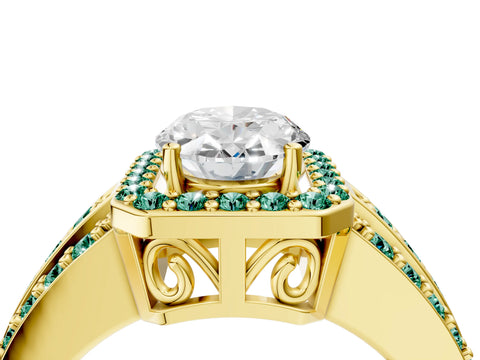 Yellow gold Oval Cut Halo Diamond Ring with Round with Green Sapphire side stone Split Shank and Prong Setting_4