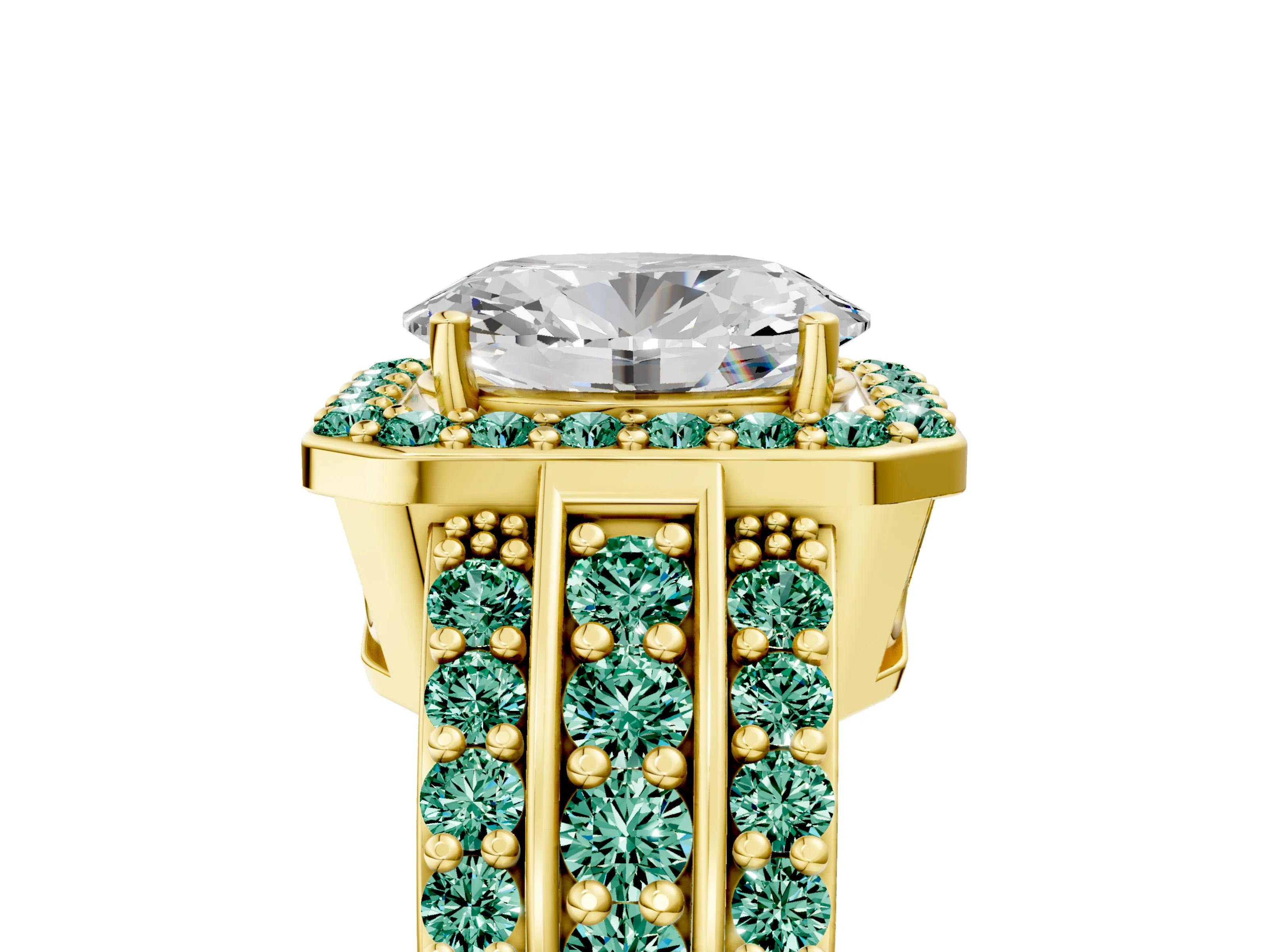 Yellow gold Oval Cut Halo Diamond Ring with Round with Green Sapphire side stone Split Shank and Prong Setting_5