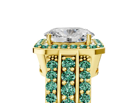 Yellow gold Oval Cut Halo Diamond Ring with Round with Green Sapphire side stone Split Shank and Prong Setting_5