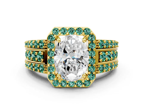 Yellow gold Oval Cut Halo Diamond Ring with Round with Green Sapphire side stone Split Shank and Prong Setting