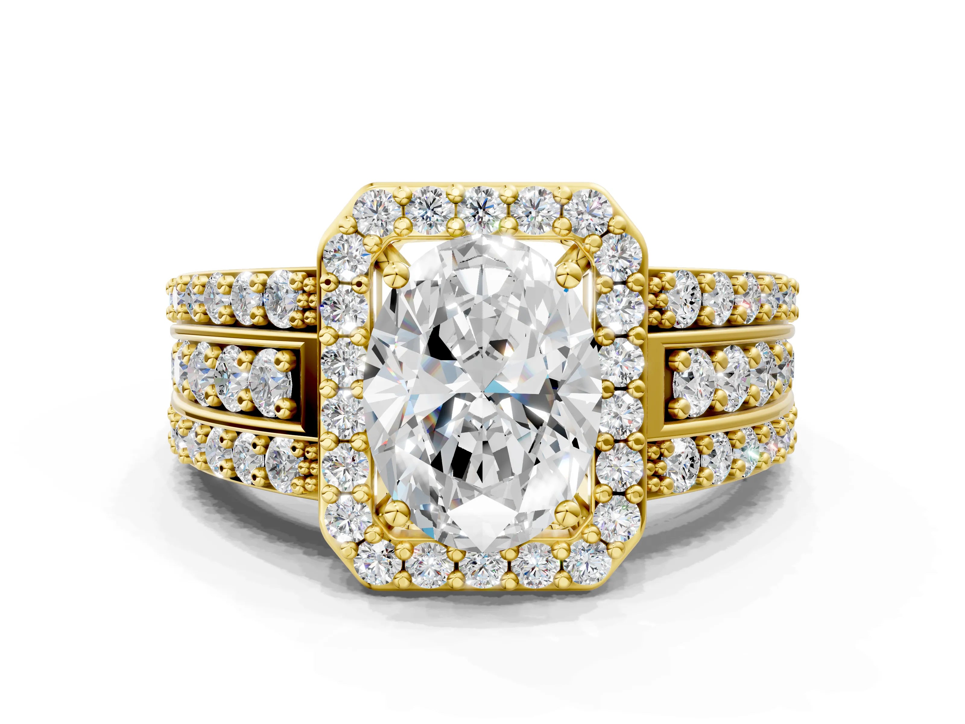 Yellow gold Oval Cut Halo Diamond Ring with Round with Moissanite side stone Split Shank and Prong Setting