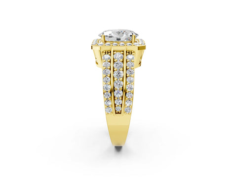 Yellow gold Oval Cut Halo Diamond Ring with Round with Moissanite side stone Split Shank and Prong Setting_2