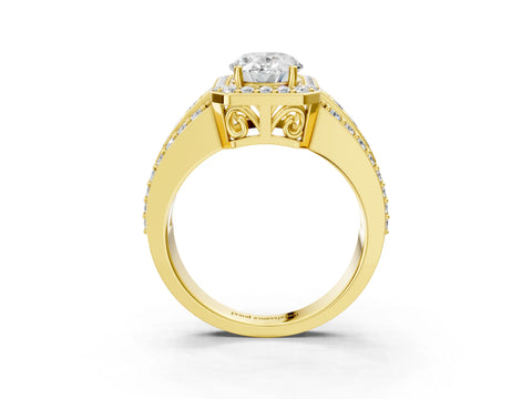 Yellow gold Oval Cut Halo Diamond Ring with Round with Moissanite side stone Split Shank and Prong Setting_3