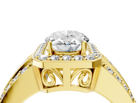 Yellow gold Oval Cut Halo Diamond Ring with Round with Moissanite side stone Split Shank and Prong Setting_4