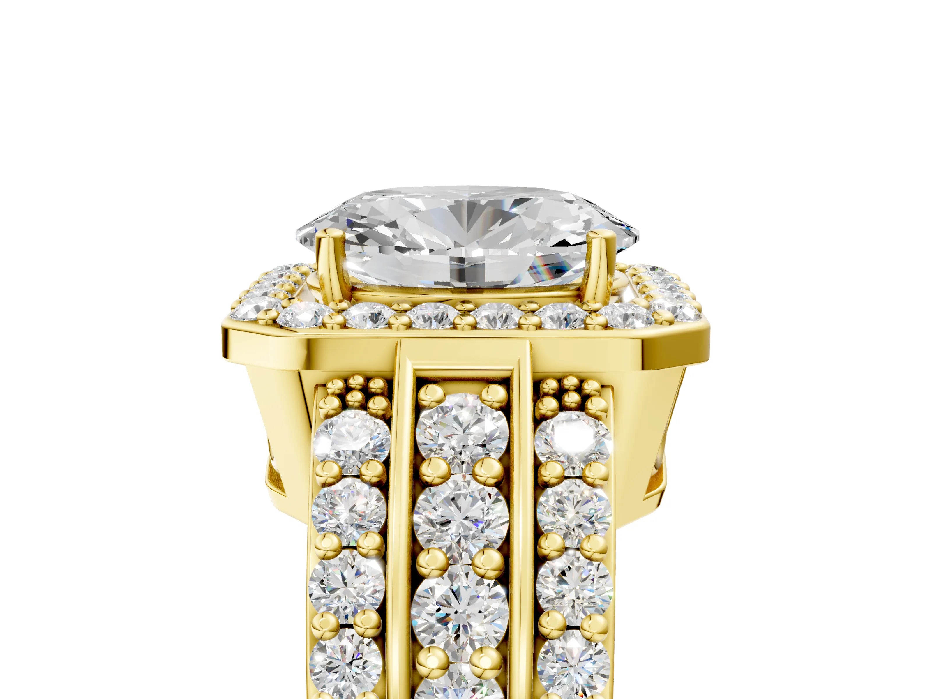 Yellow gold Oval Cut Halo Diamond Ring with Round with Moissanite side stone Split Shank and Prong Setting_5