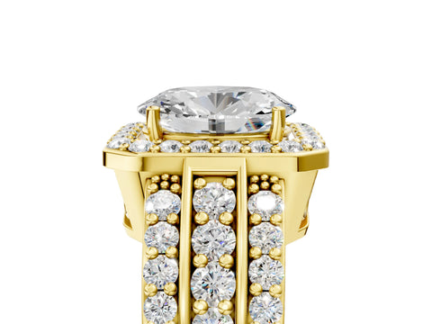 Yellow gold Oval Cut Halo Diamond Ring with Round with Moissanite side stone Split Shank and Prong Setting_5