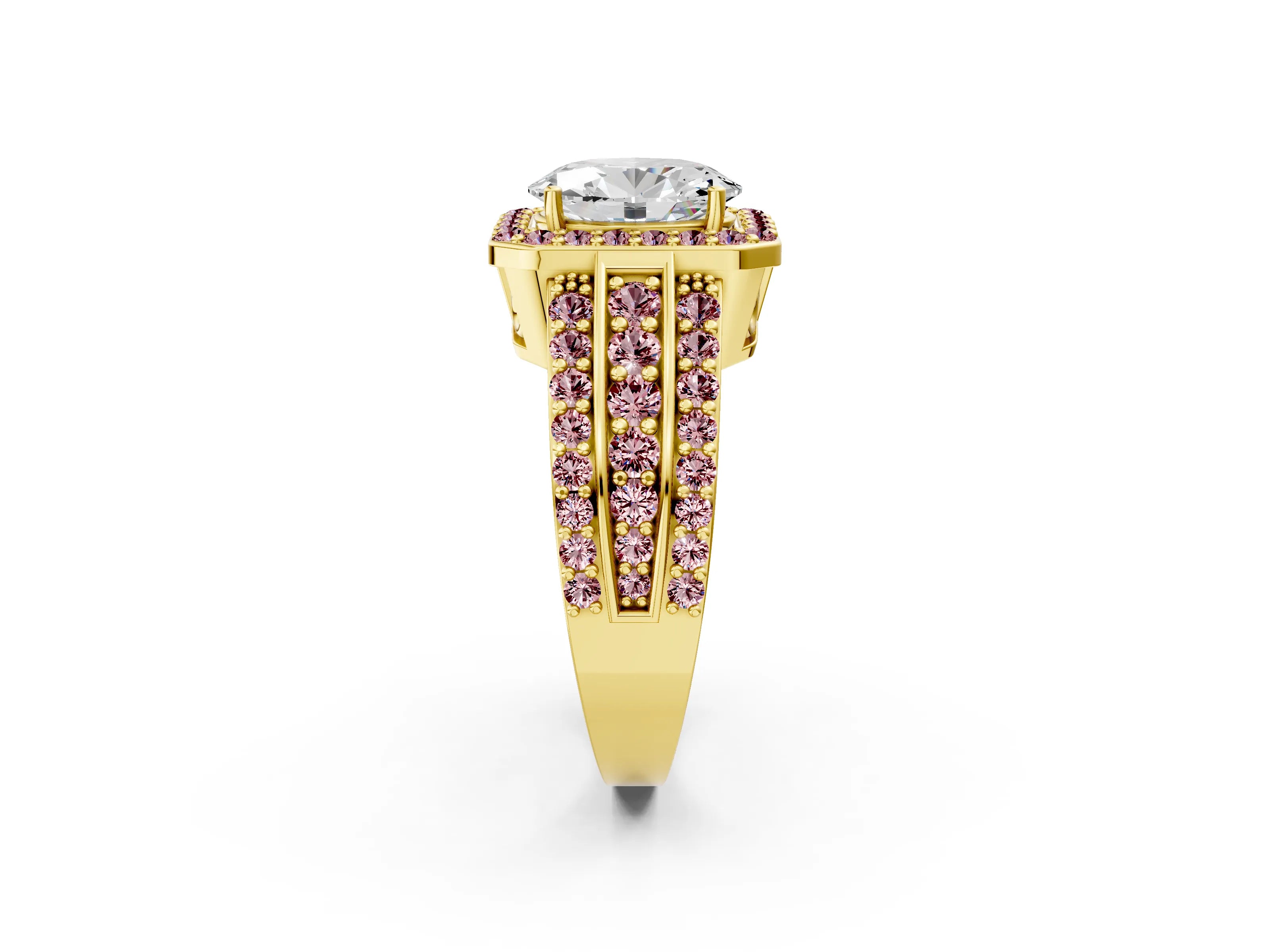 Yellow gold Oval Cut Halo Diamond Ring with Round with Morganite side stone Split Shank and Prong Setting_2