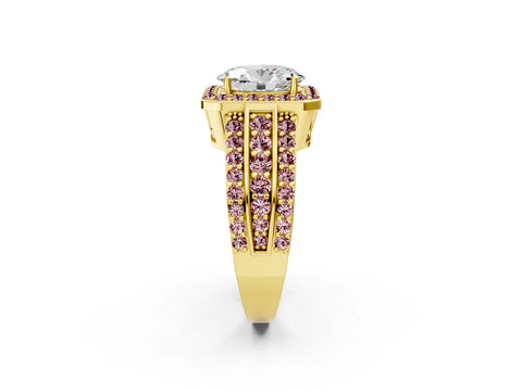 Yellow gold Oval Cut Halo Diamond Ring with Round with Morganite side stone Split Shank and Prong Setting_2