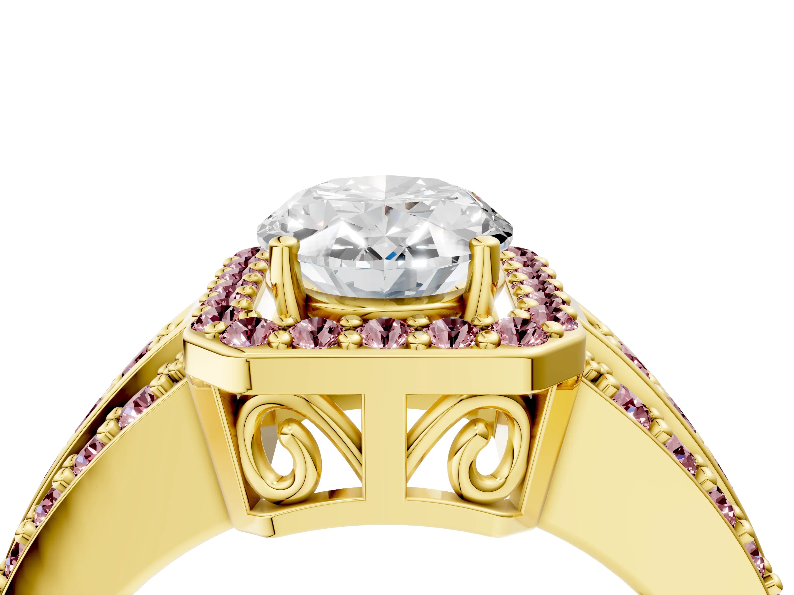 Yellow gold Oval Cut Halo Diamond Ring with Round with Morganite side stone Split Shank and Prong Setting_4