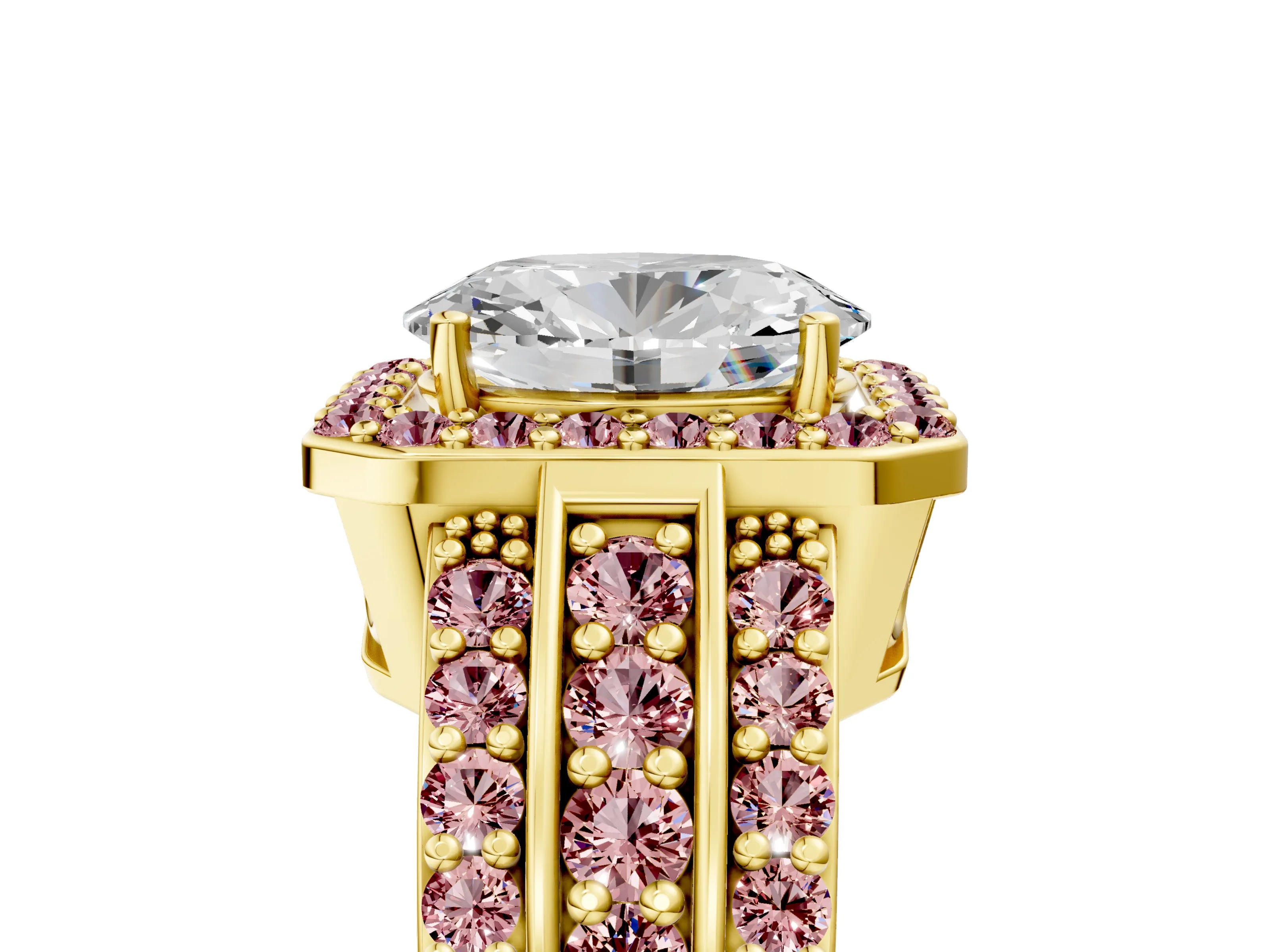 Yellow gold Oval Cut Halo Diamond Ring with Round with Morganite side stone Split Shank and Prong Setting_5
