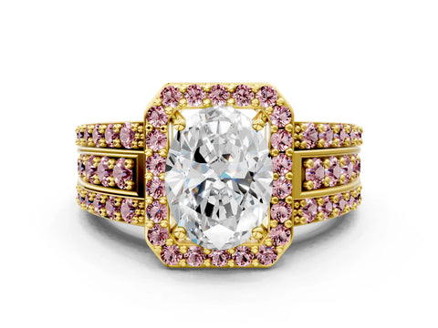 Yellow gold Oval Cut Halo Diamond Ring with Round with Morganite side stone Split Shank and Prong Setting