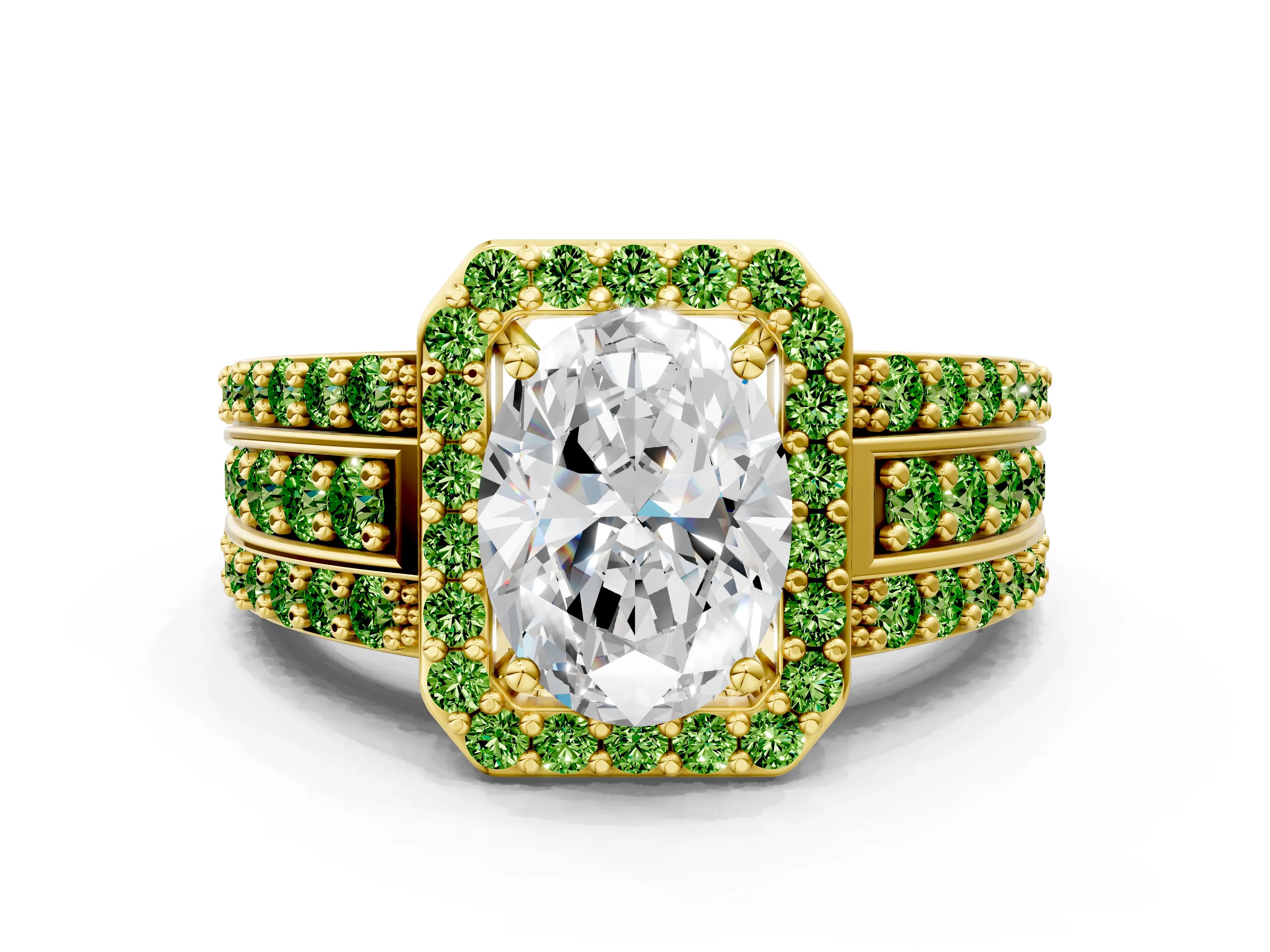 Yellow gold Oval Cut Halo Diamond Ring with Round with Peridot side stone Split Shank and Prong Setting