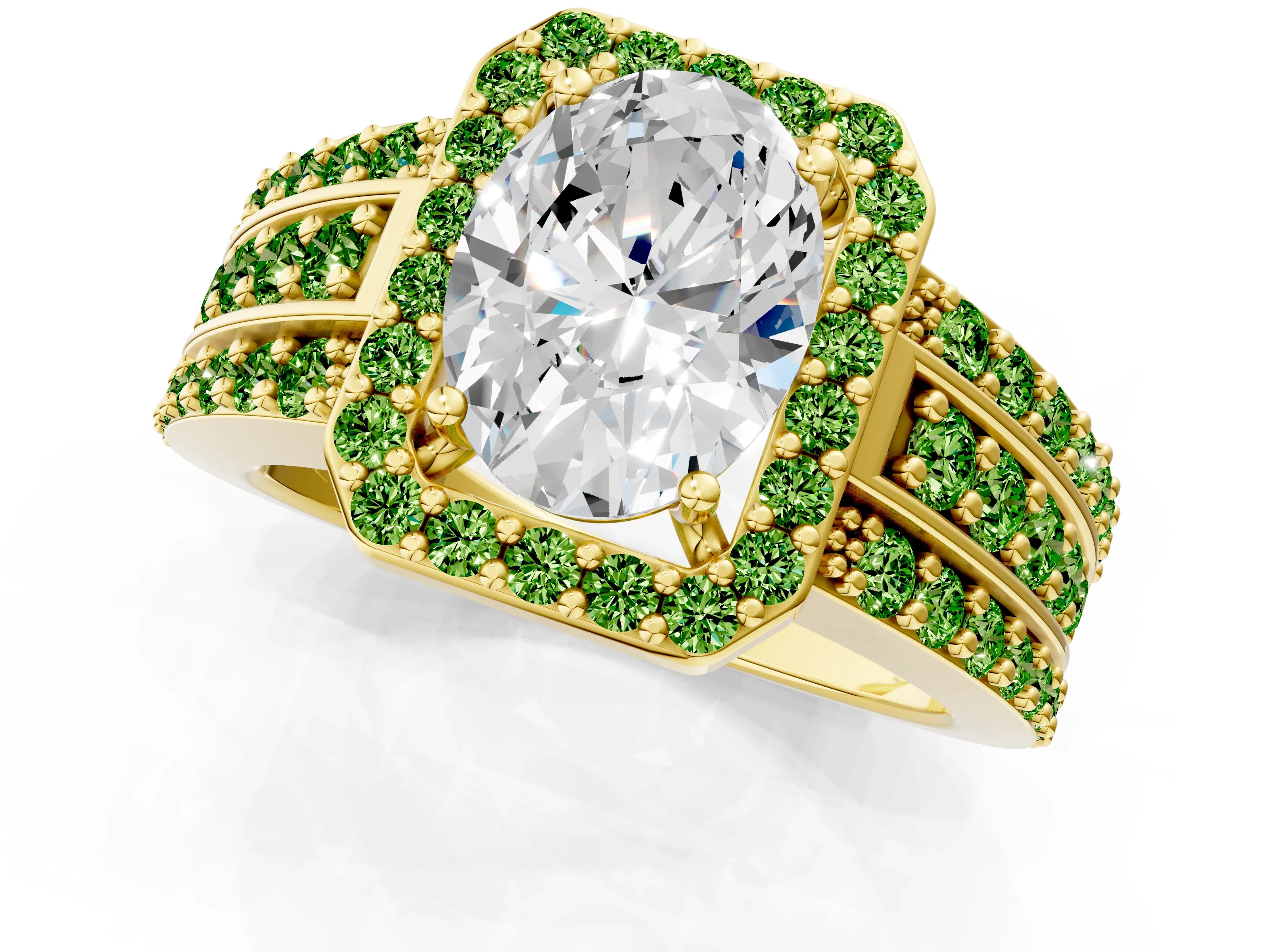 Yellow gold Oval Cut Halo Diamond Ring with Round with Peridot side stone Split Shank and Prong Setting_1