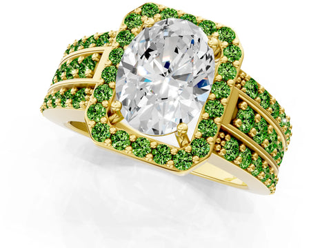Yellow gold Oval Cut Halo Diamond Ring with Round with Peridot side stone Split Shank and Prong Setting_1