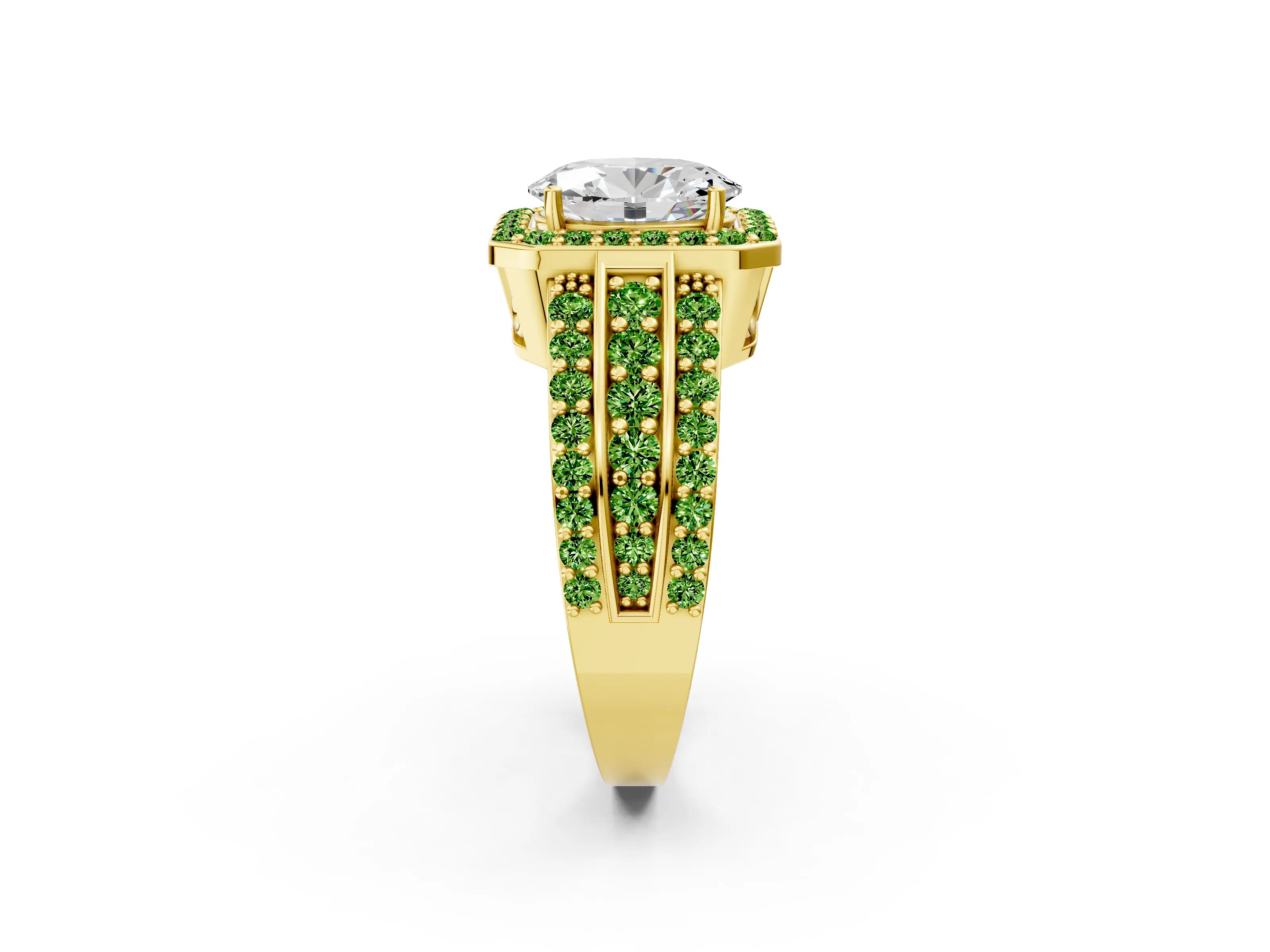 Yellow gold Oval Cut Halo Diamond Ring with Round with Peridot side stone Split Shank and Prong Setting_2
