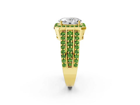 Yellow gold Oval Cut Halo Diamond Ring with Round with Peridot side stone Split Shank and Prong Setting_2