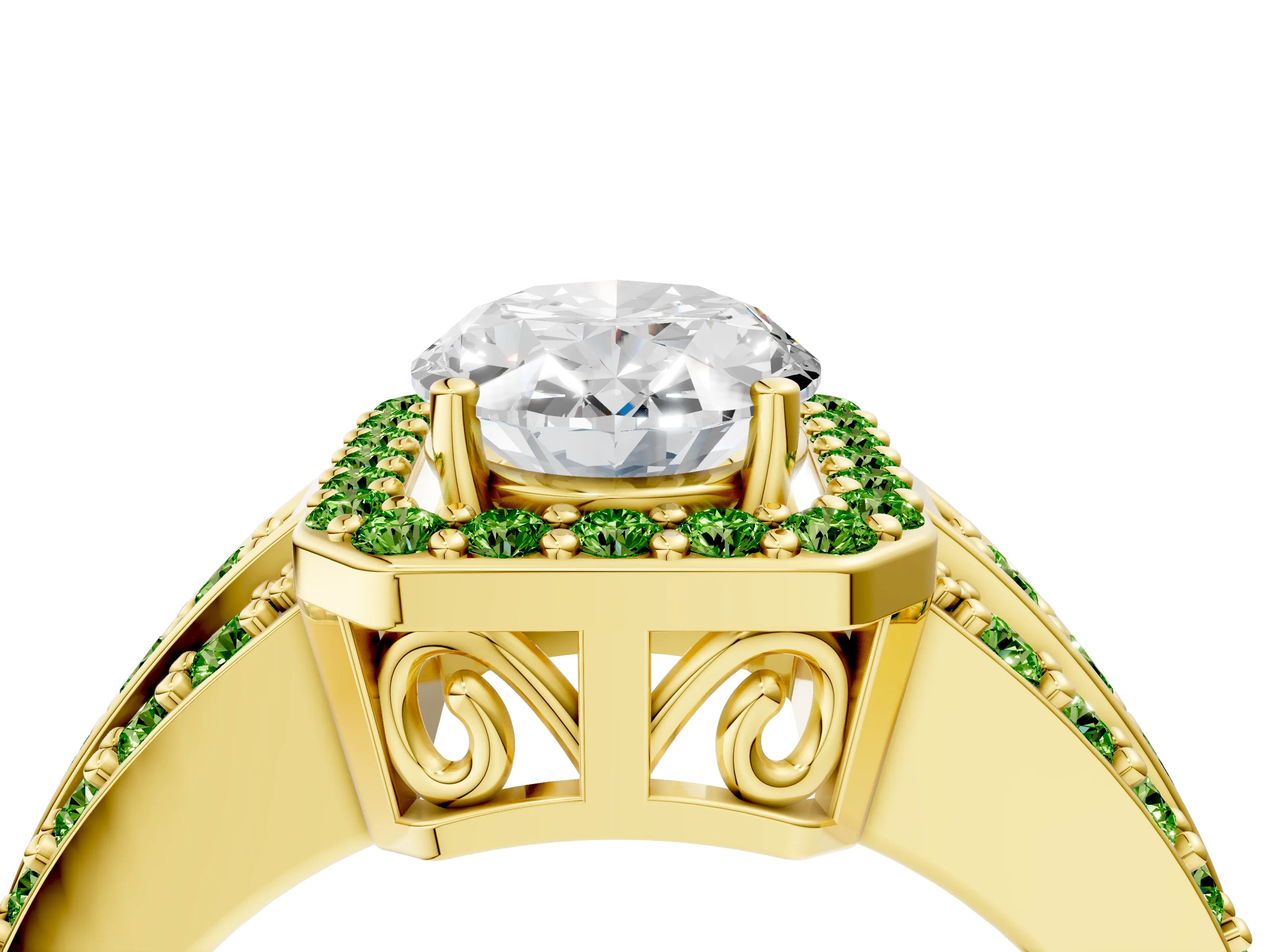 Yellow gold Oval Cut Halo Diamond Ring with Round with Peridot side stone Split Shank and Prong Setting_4