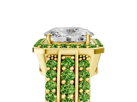 Yellow gold Oval Cut Halo Diamond Ring with Round with Peridot side stone Split Shank and Prong Setting_5
