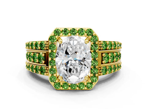 Yellow gold Oval Cut Halo Diamond Ring with Round with Peridot side stone Split Shank and Prong Setting
