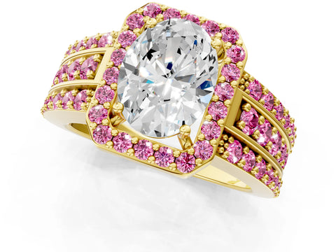 Yellow gold Oval Cut Halo Diamond Ring with Round with Pink Sapphire side stone Split Shank and Prong Setting_1
