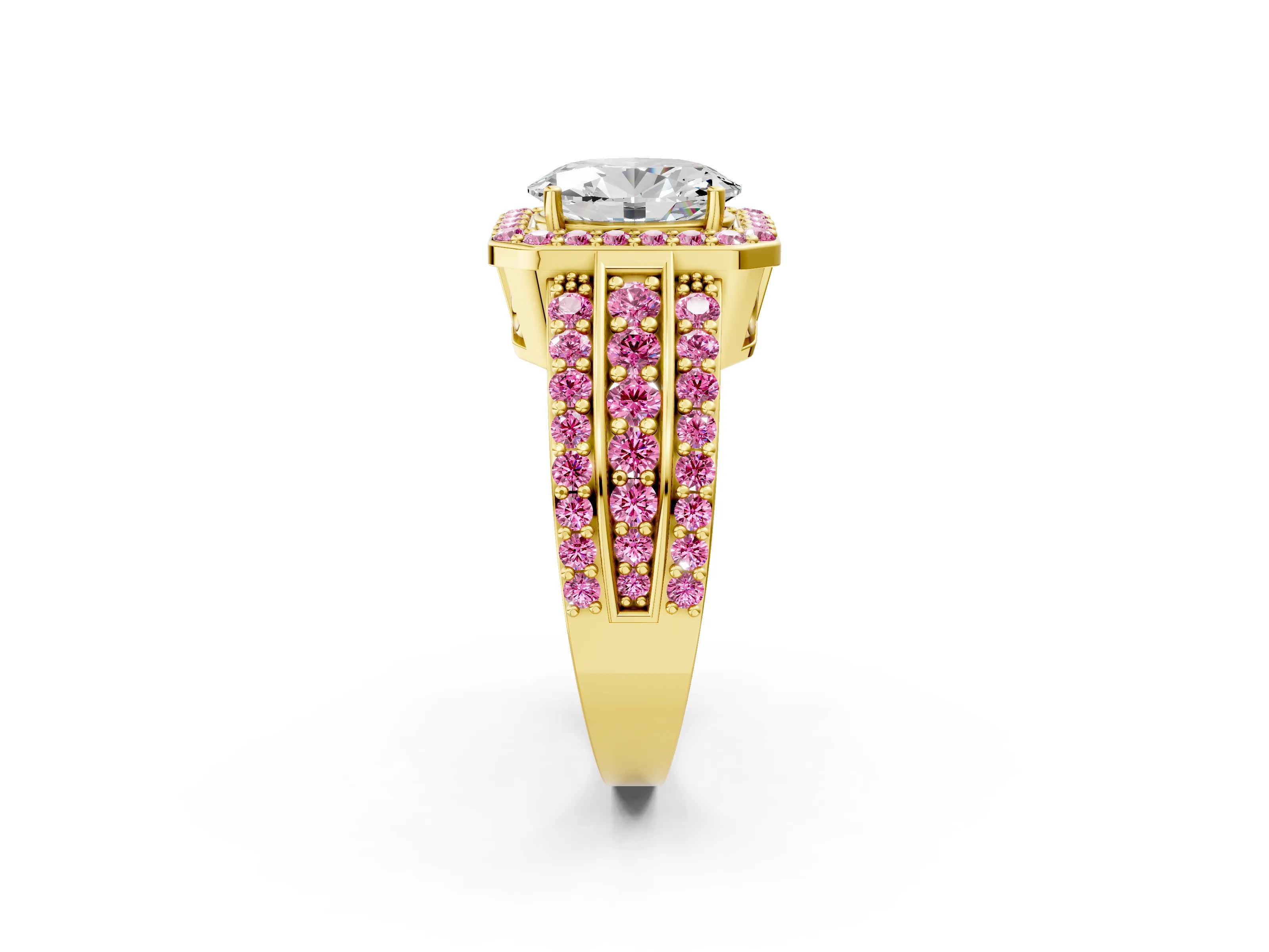 Yellow gold Oval Cut Halo Diamond Ring with Round with Pink Sapphire side stone Split Shank and Prong Setting_2