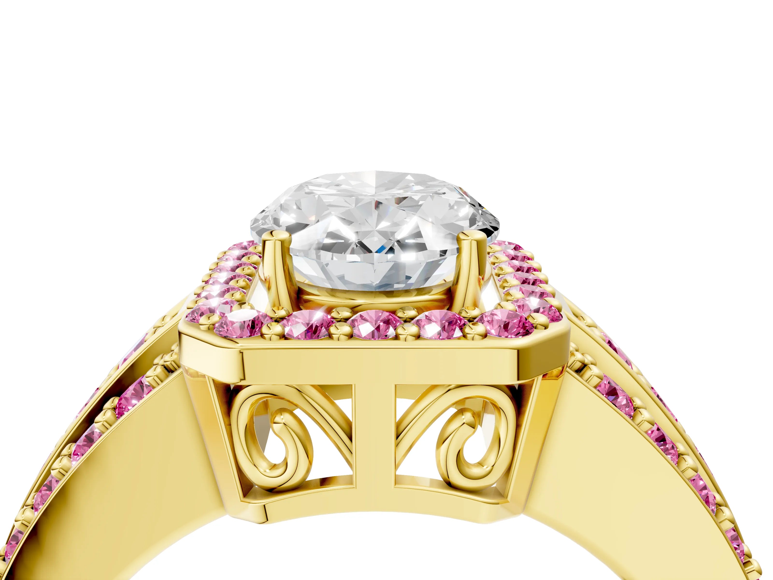 Yellow gold Oval Cut Halo Diamond Ring with Round with Pink Sapphire side stone Split Shank and Prong Setting_4