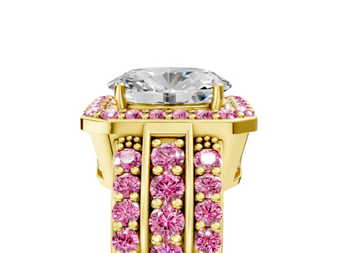Yellow gold Oval Cut Halo Diamond Ring with Round with Pink Sapphire side stone Split Shank and Prong Setting_5