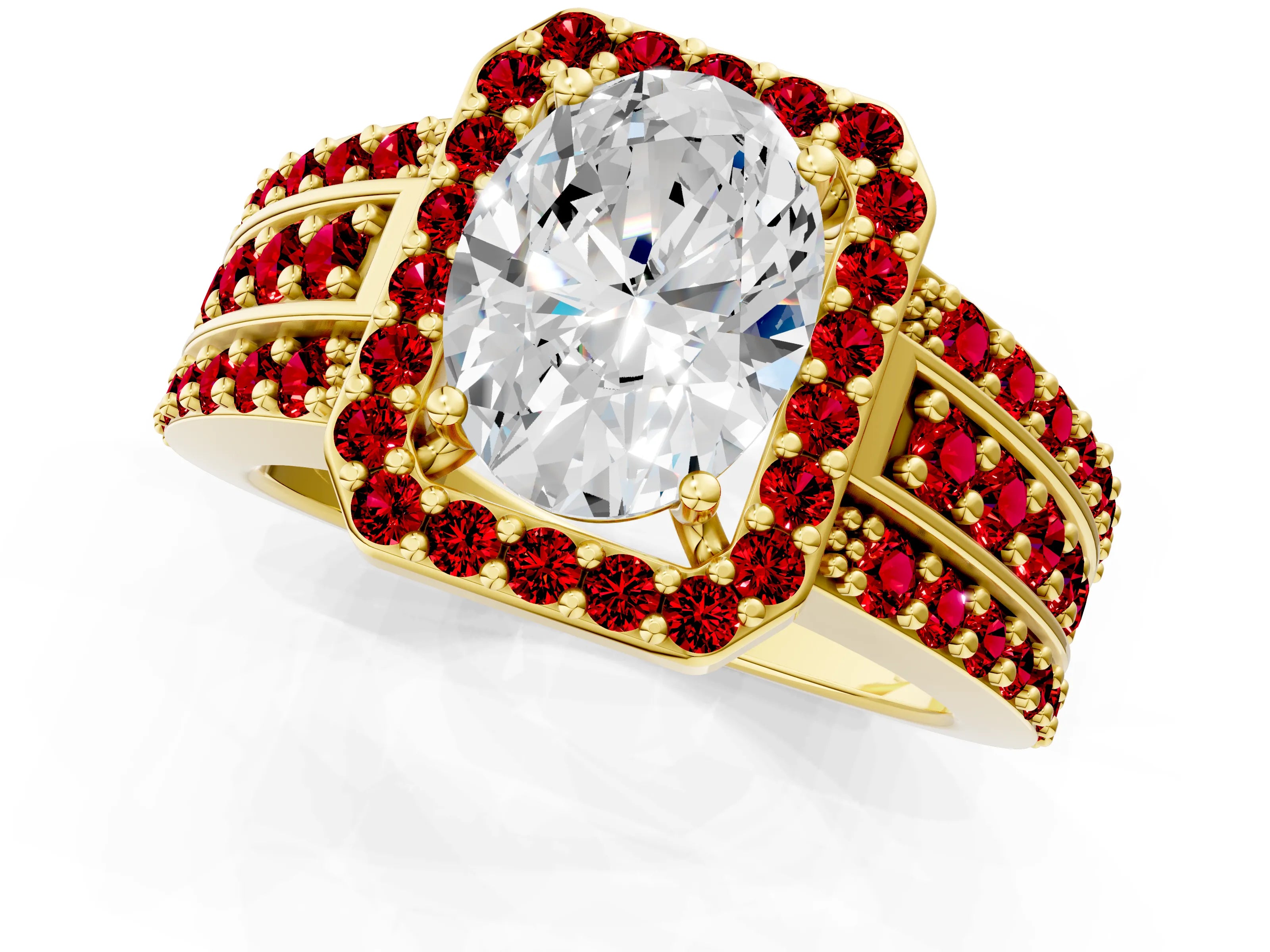 Yellow gold Oval Cut Halo Diamond Ring with Round with Ruby side stone Split Shank and Prong Setting_1