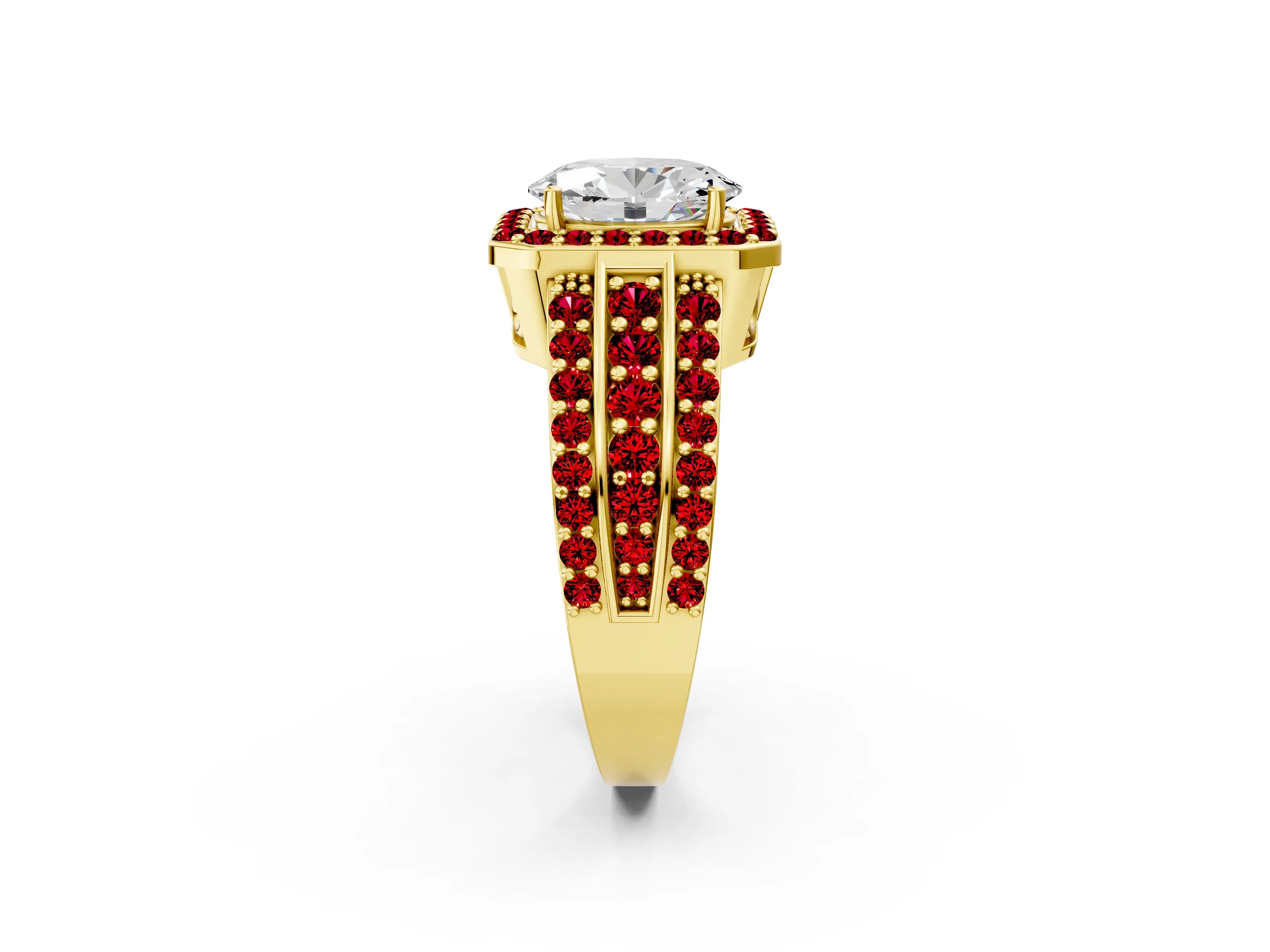 Yellow gold Oval Cut Halo Diamond Ring with Round with Ruby side stone Split Shank and Prong Setting_2