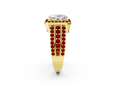 Yellow gold Oval Cut Halo Diamond Ring with Round with Ruby side stone Split Shank and Prong Setting_2