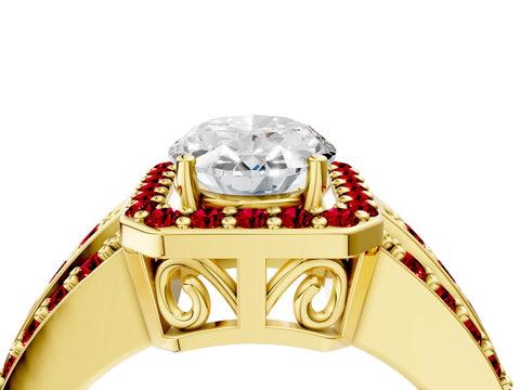 Yellow gold Oval Cut Halo Diamond Ring with Round with Ruby side stone Split Shank and Prong Setting_4