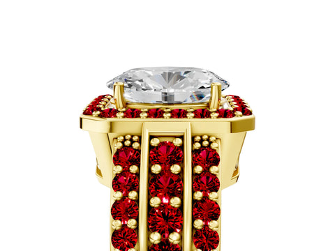 Yellow gold Oval Cut Halo Diamond Ring with Round with Ruby side stone Split Shank and Prong Setting_5