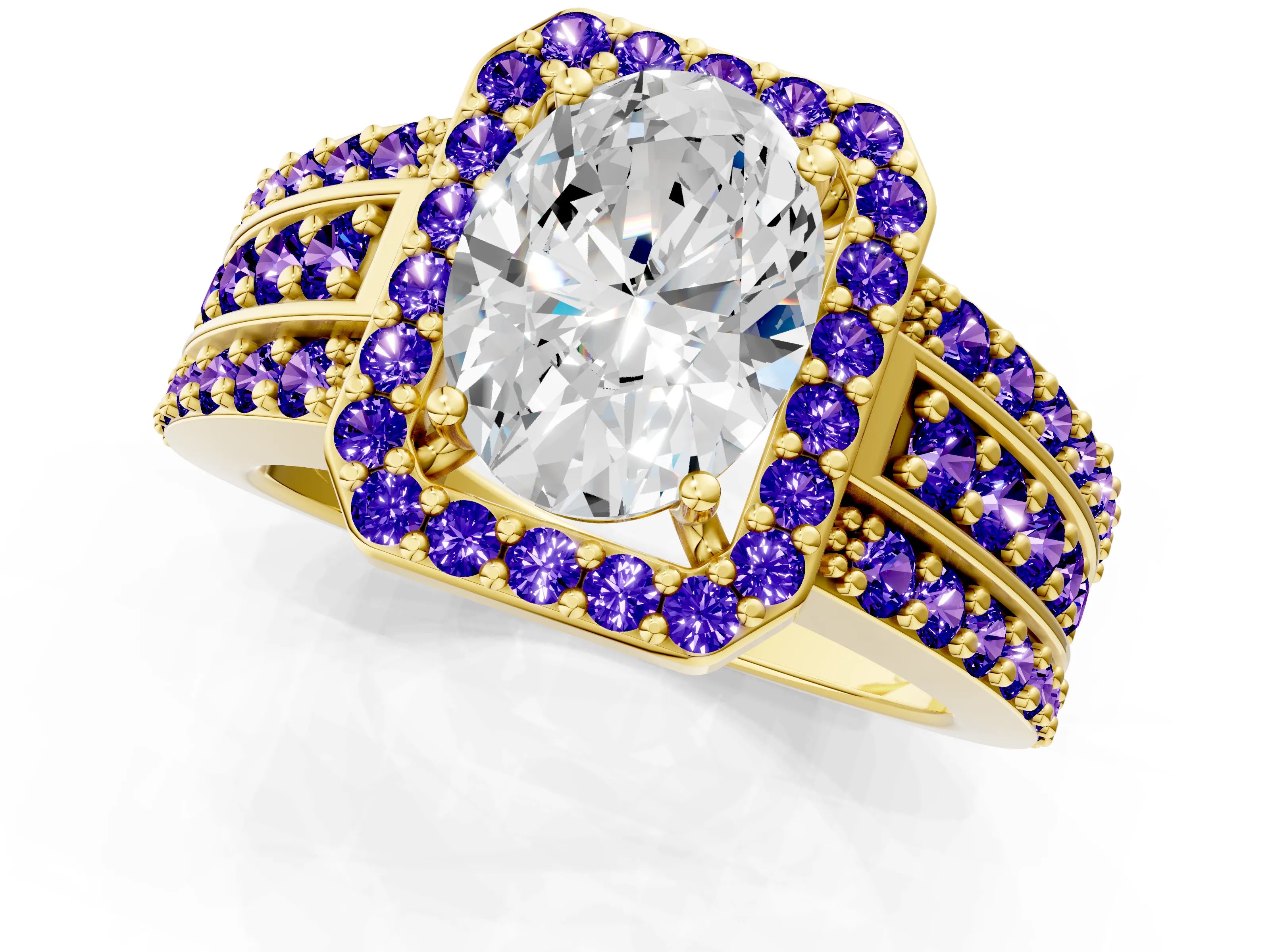 Yellow gold Oval Cut Halo Diamond Ring with Round with Tanzanite side stone Split Shank and Prong Setting_1