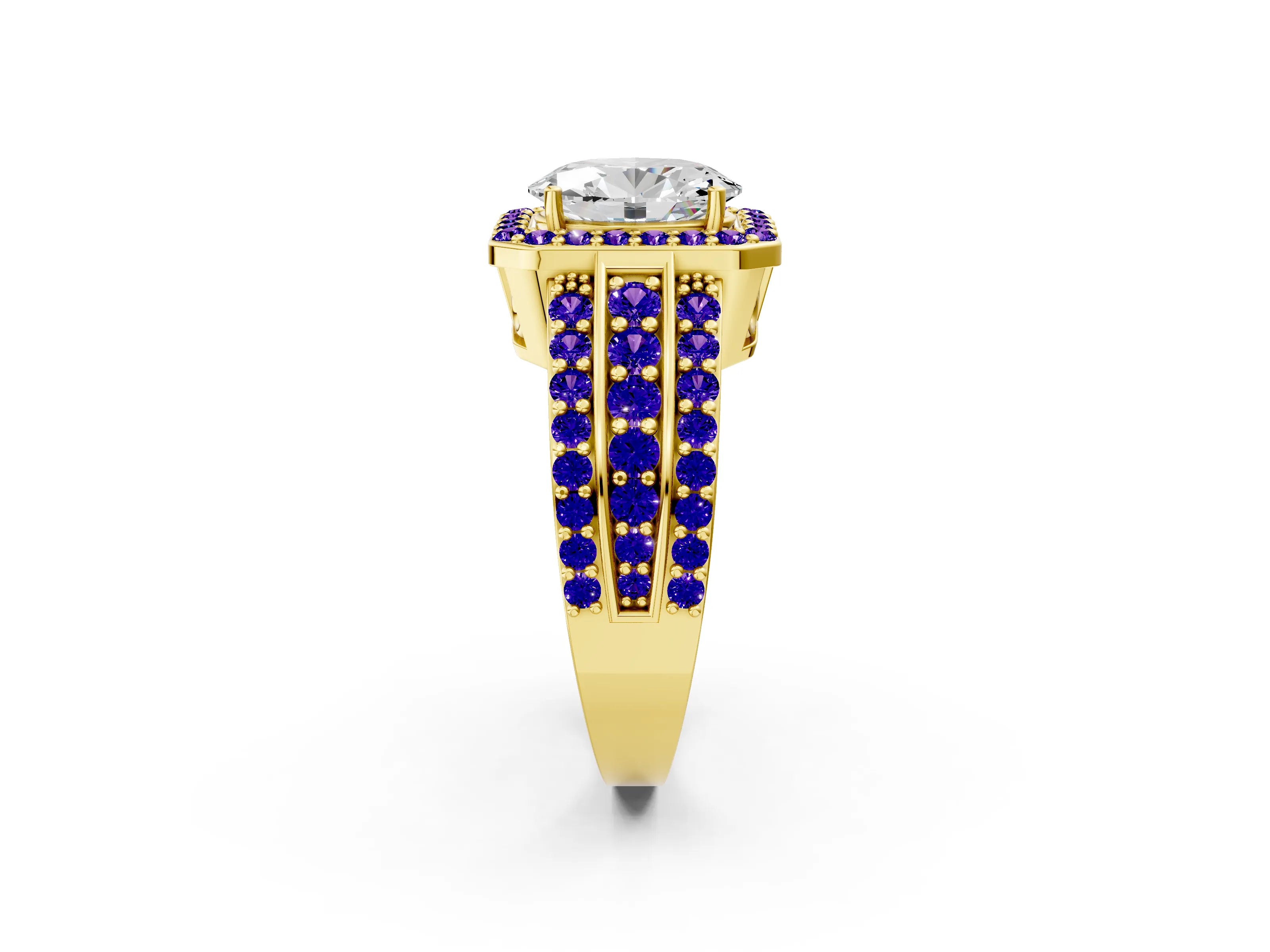 Yellow gold Oval Cut Halo Diamond Ring with Round with Tanzanite side stone Split Shank and Prong Setting_2