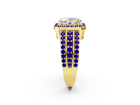 Yellow gold Oval Cut Halo Diamond Ring with Round with Tanzanite side stone Split Shank and Prong Setting_2