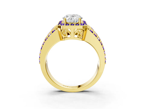 Yellow gold Oval Cut Halo Diamond Ring with Round with Tanzanite side stone Split Shank and Prong Setting_3