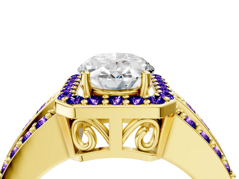 Yellow gold Oval Cut Halo Diamond Ring with Round with Tanzanite side stone Split Shank and Prong Setting_4