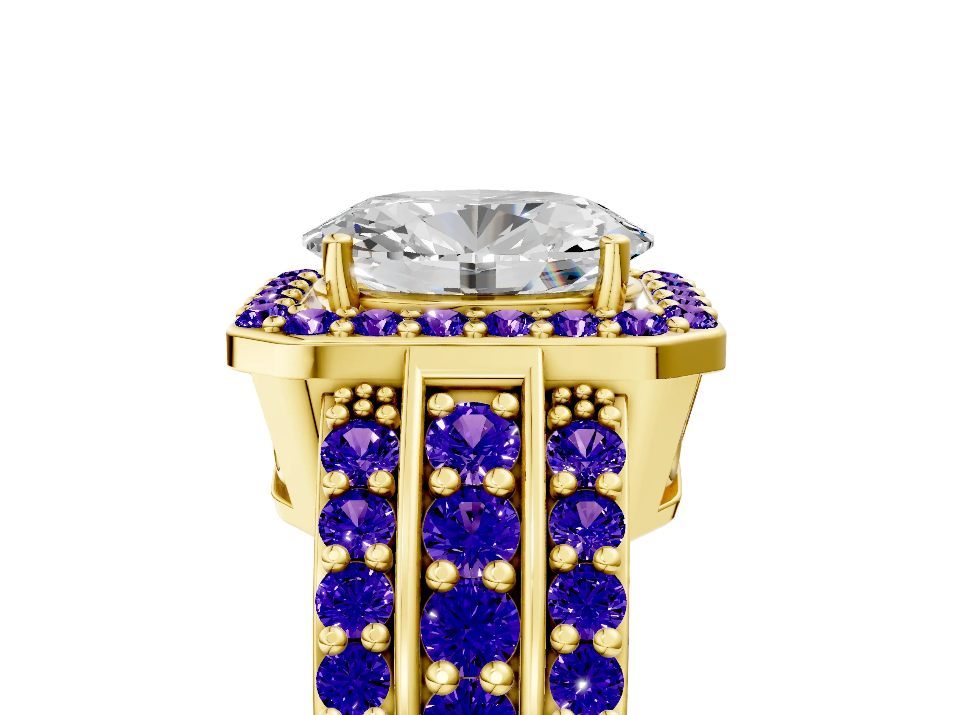 Yellow gold Oval Cut Halo Diamond Ring with Round with Tanzanite side stone Split Shank and Prong Setting_5