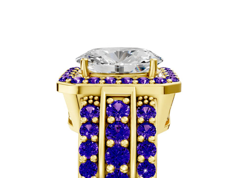 Yellow gold Oval Cut Halo Diamond Ring with Round with Tanzanite side stone Split Shank and Prong Setting_5